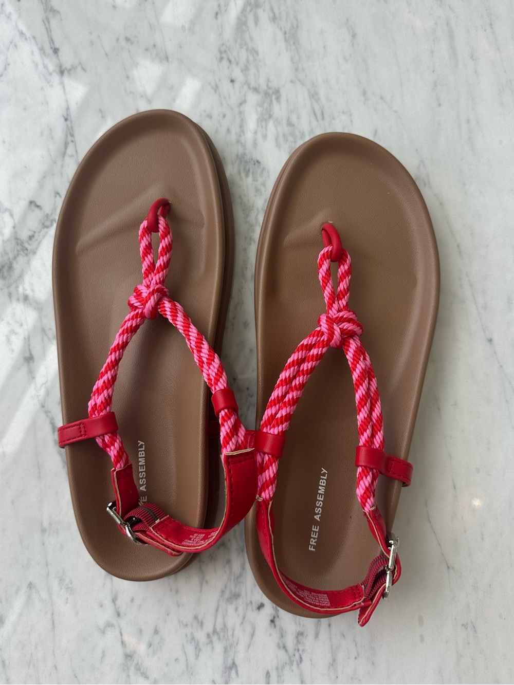 Free Assembly Braided Red Rope Strap Sandals with Brown Footbed